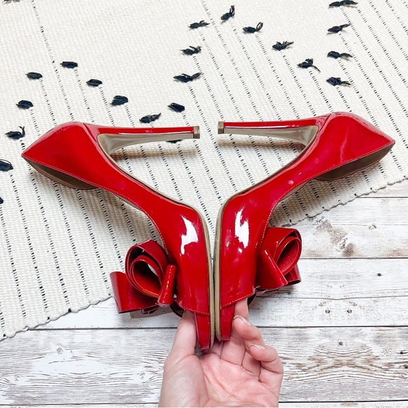 Valentino Patent Couture Bow Peep Toe D’Orsay High Heel Pumps Red Size 37 - Picture 3 of 7